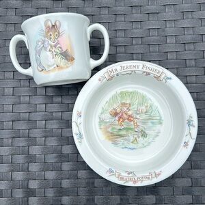 1986 Beatrix Potter Bone China Bowl & Double Handle Mug by Royal Albert